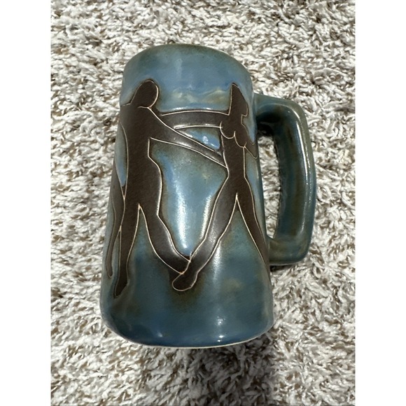 Signed  Art Pottery Mug From Moo Mex Tribal Art Dance Symbol Blue Black With - Picture 1 of 4